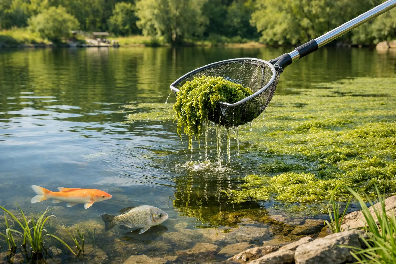 Rede a recolher algas verdes de lago com peixes e vegetação