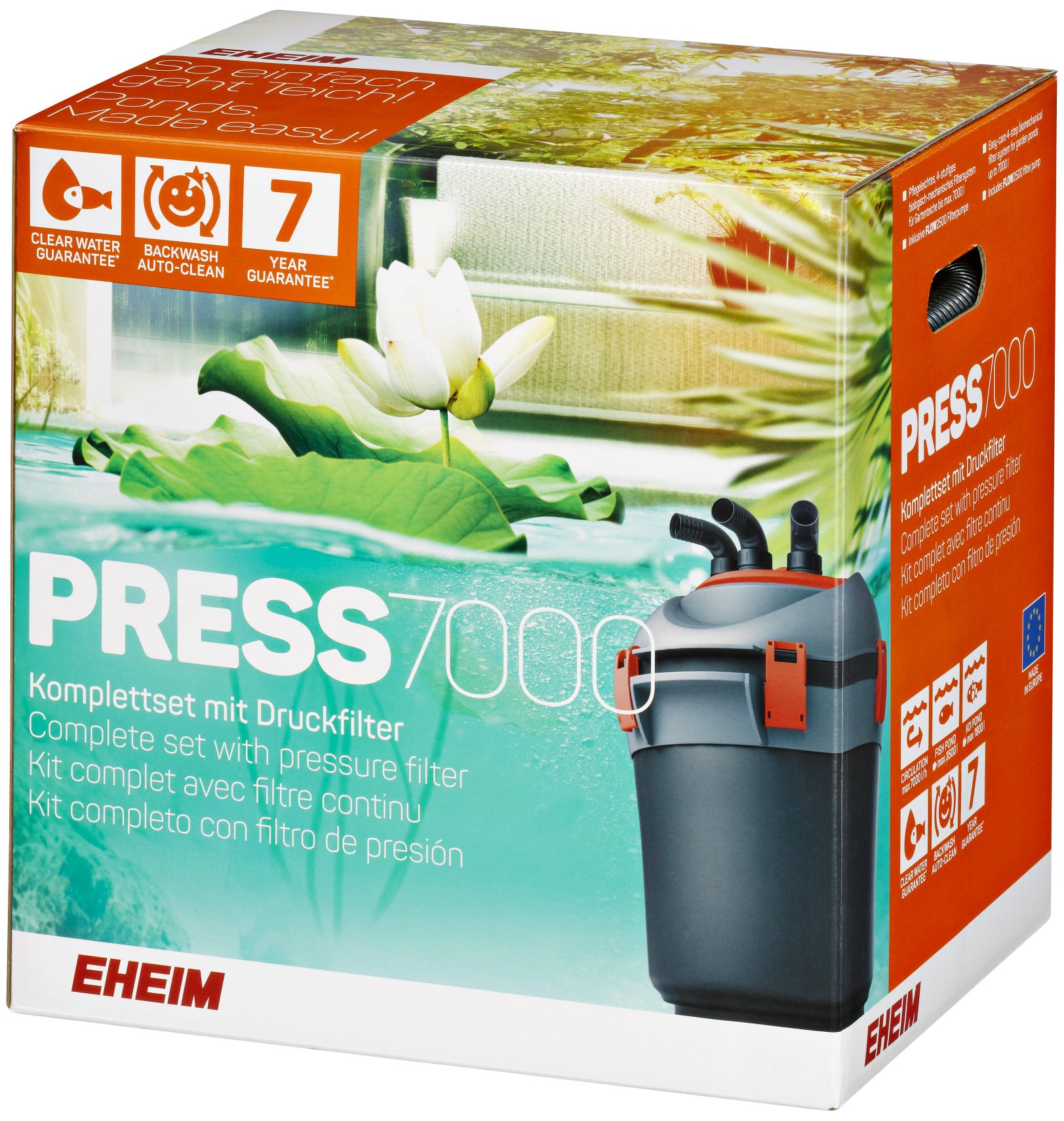 EHEIM Press 7000 - Kit de filtragem para lagos até 7000L Caixa do filtro EHEIM PRESS 7000 com imagem do filtro e plantas aquáticas