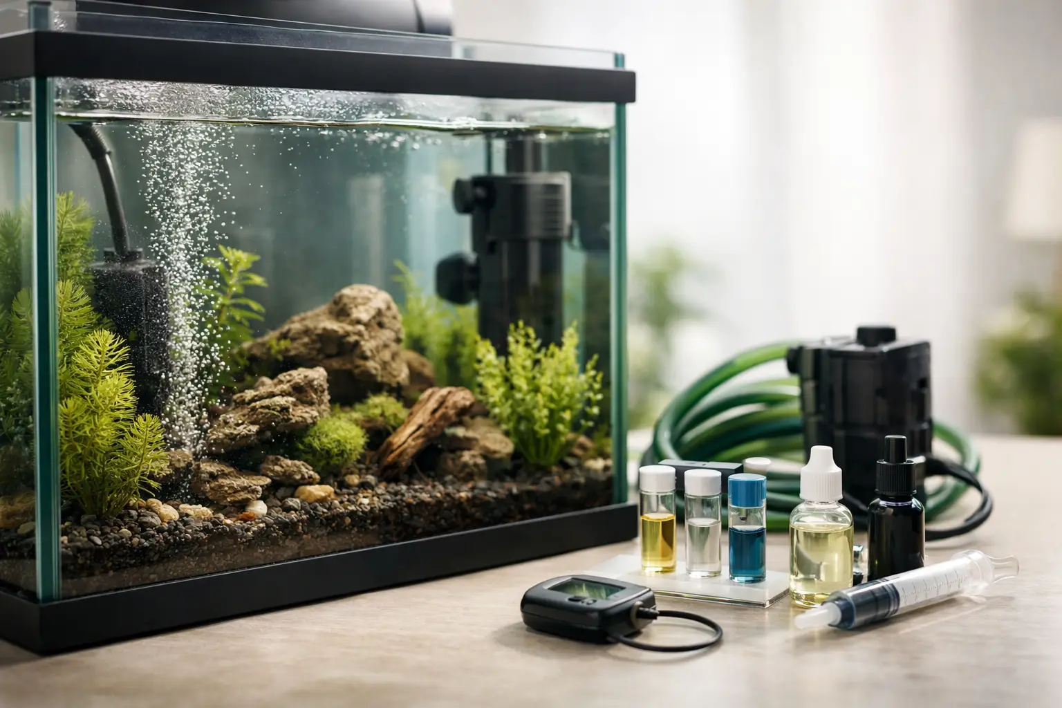 Aquário com plantas e kit de teste da água
