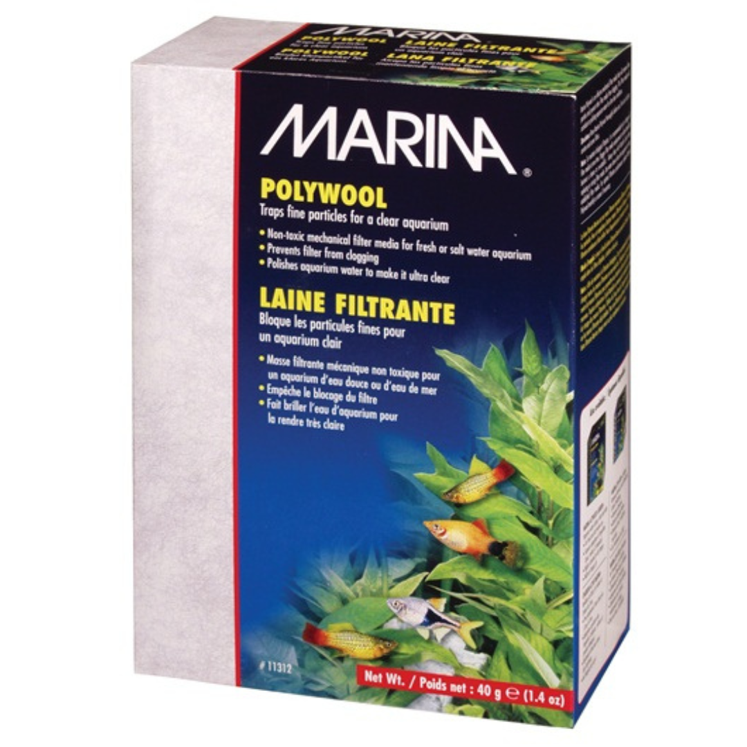 Marina Polywool - Lã filtrante para todos os tipos de filtros de aquário Embalagem de filtro para aquário MARINA POLYWOOL com texto e imagens de peixes