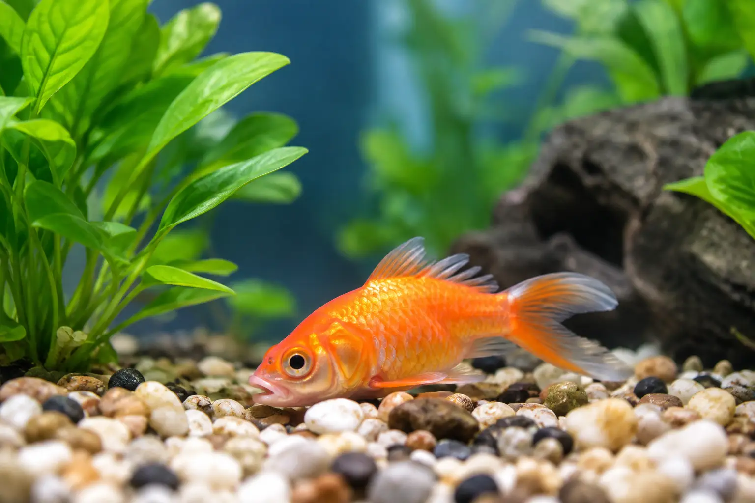 Peixe dourado laranja num aquário com seixos e plantas verdes