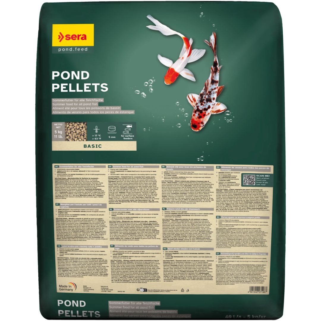 Sera Pond Pellets 40L (5 kg) - Alimento para peixes de lago Saco verde de alimentação de peixes POND PELLETS com peixes coloridos na embalagem