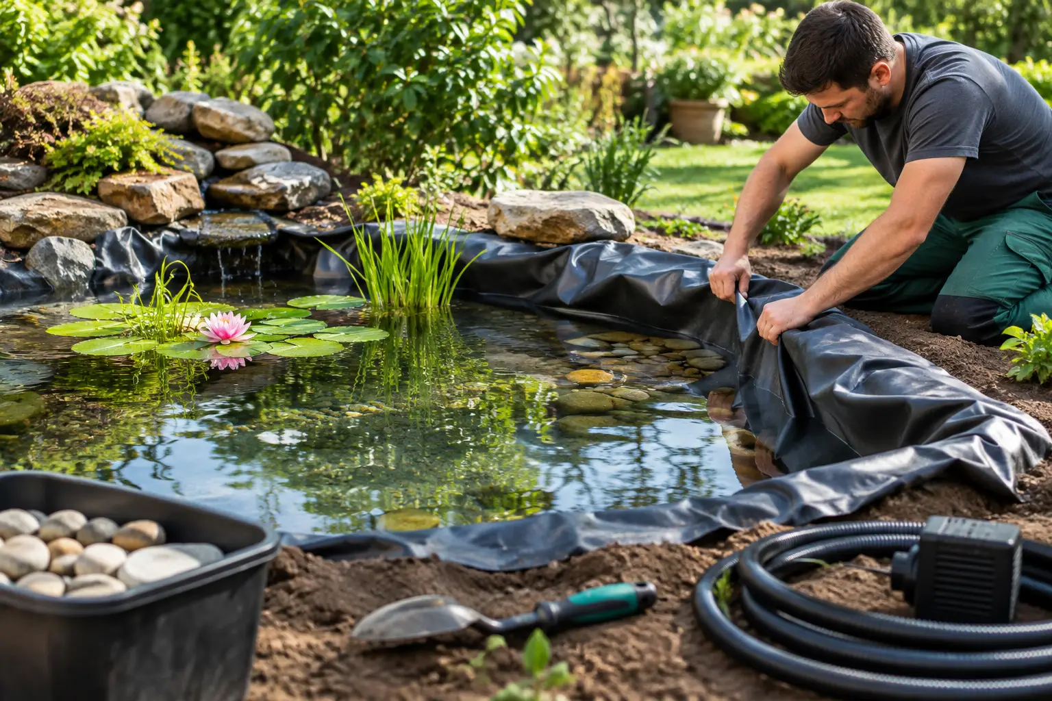 Homem a montar lagoa artificial com revestimento preto, pedras, planta aquática com flor rosa e ferramentas no solo