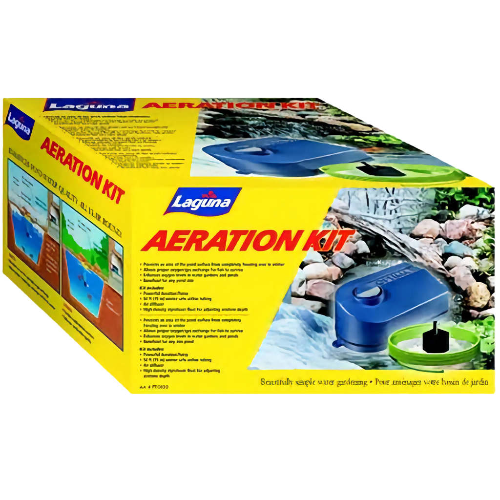 Laguna Aeration Kit - Kit de Bomba de ar para lagos Caixa do produto Laguna Aeration Kit com imagens explicativas e texto em inglês