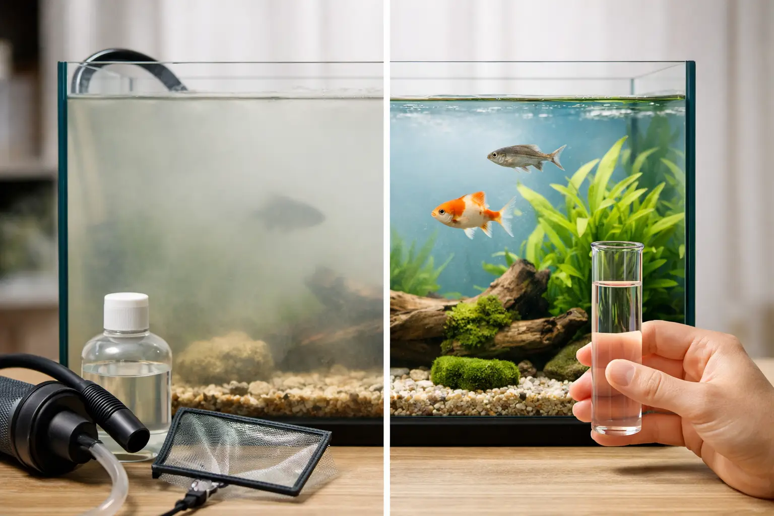 Aquário dividido mostrando antes e depois da limpeza com peixes e plantas