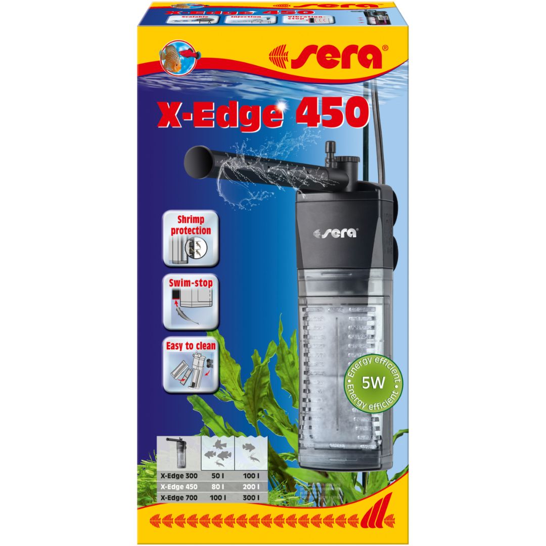 Sera X-Edge 450 - filtro de canto - para aquários até 200 litros Filtro Sera X-Edge 450 preto e transparente para aquário com proteção de camarões e fácil limpeza