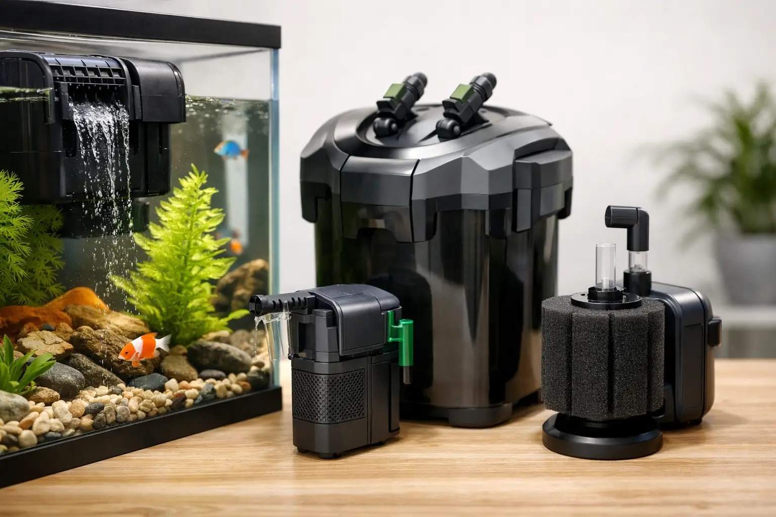 Aquário com peixes, plantas e pedras junto a filtros de aquário pretos em mesa de madeira.