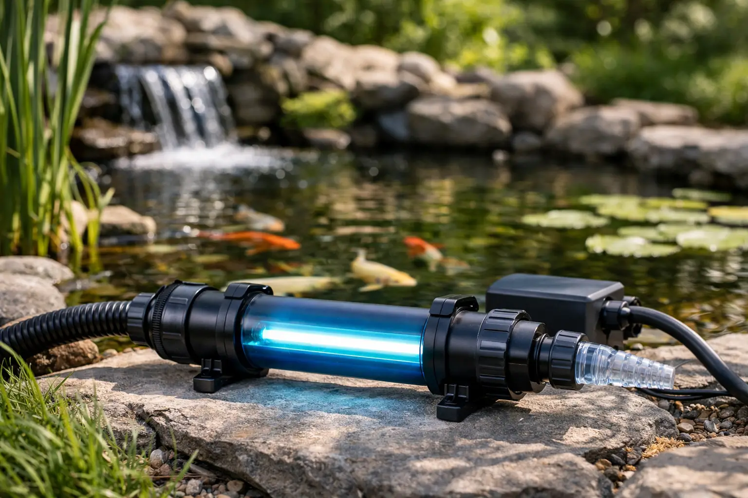 Dispositivo tubular com luz azul junto a lago com peixes e cascata