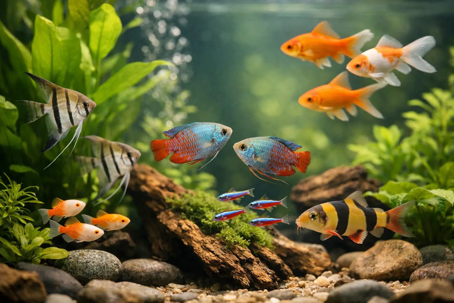 Aquário com peixes coloridos, plantas verdes, rochas e madeira.