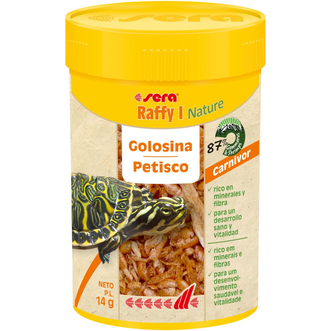 Sera Raffy I - Alimento para tartarugas com gammarus e camarões Embalagem amarela de petiscos para tartarugas da marca sera Raffy I Nature