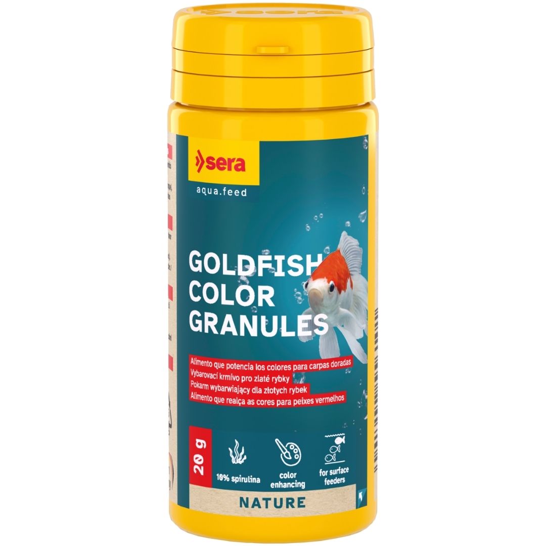 sera Goldfish Color Granules - Alimento que realça as cores para peixes vermelhos Frasco amarelo com rótulo azul de alimento para peixes Goldfish Color Granules