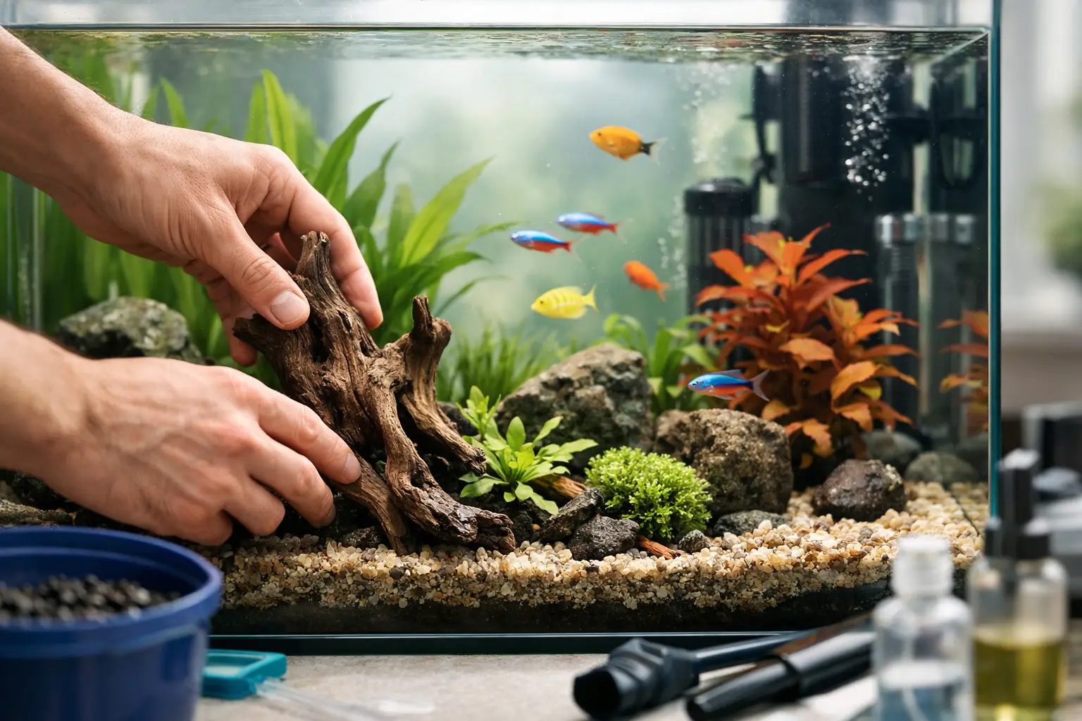 Aquário com peixes coloridos e decoração natural com mãos a ajustar uma peça de madeira