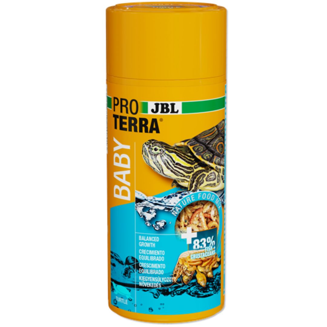 JBL Proterra Baby - Alimento completo especial para tartarugas jovens Recipiente amarelo e azul de alimento para tartarugas bebés com imagem de tartaruga e croquetes