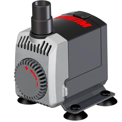 Bomba de água submersível preta e cinzenta com inscrições vermelhas e base com ventosas.