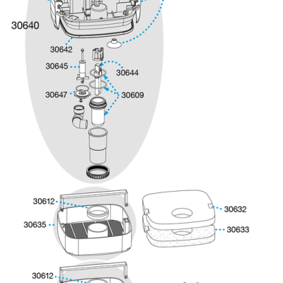 Diagrama técnico detalhado do filtro sera fil bioactive 250 + UV em vista explodida.