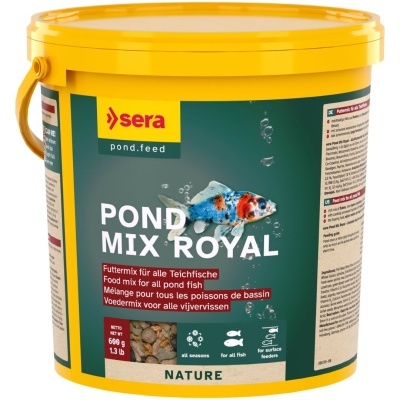 Recipiente amarelo de plástico com alimento para peixes POND MIX ROYAL