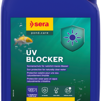 Recipiente azul de plástico com rótulo Sera UV Blocker