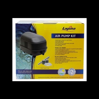 Conjunto de bomba de ar Laguna com caixa azul e amarela e bomba preta