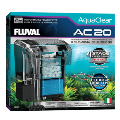 Filtro de aquário Fluval AC 20 em embalagem azul e preta com texto informativo e imagem do filtro