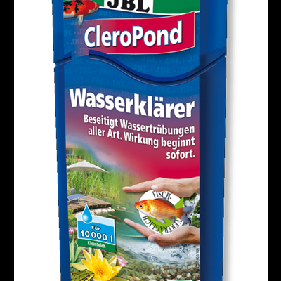 Frasco azul do produto CloroPond Wasserklärer da JBL com texto em alemão e imagem de lago