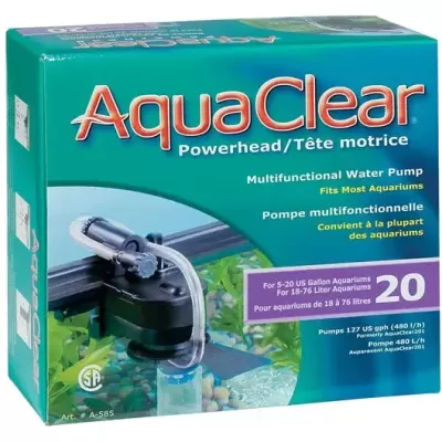 Caixa do produto AquaClear Powerhead para aquários, caixa verde azulada com texto e imagem do produto