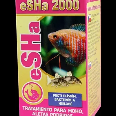 Embalagem rosa e amarela do produto eSHa 2000 para tratamento de mofo e bactérias em peixes.