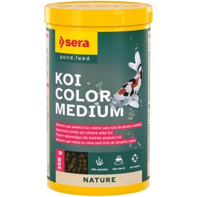 Embalagem amarela de ração Koi Color Medium com imagem de peixe koi e texto em várias línguas