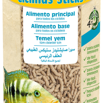 Embalagem amarela com tampa castanha de alimento para peixes ciclídeos Sera Cichlids Sticks Nature 210g