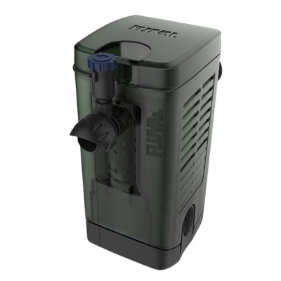 Filtro de água verde escuro com botão azul e saída preta