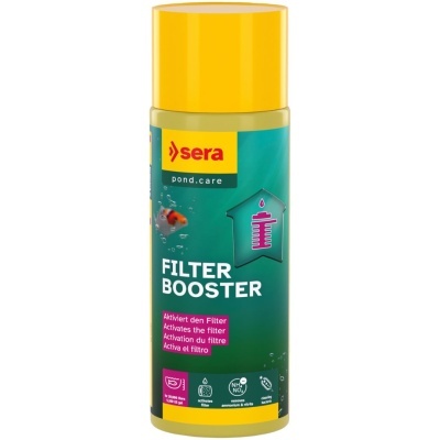 frasco filtro booster Sera com tampa amarela e rótulo colorido