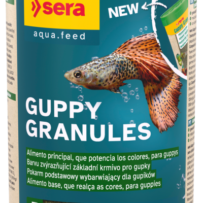 Embalagem de alimento granulado para peixes guppies com tampa amarela