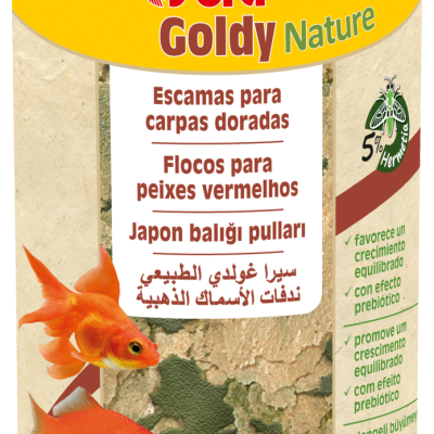 Embalagem amarela de flocos para peixes dourados e vermelhos da marca Sera Goldy Nature com peixes ilustrados no rótulo