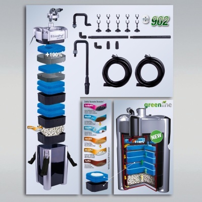 Filtro interior para aquário com acessórios e camada filtrante colorida com textos visíveis