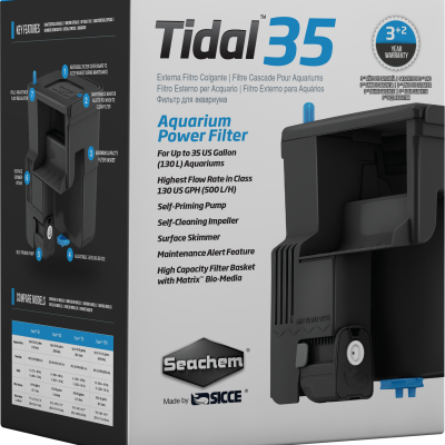 Embalagem do filtro para aquário Tidal 35 da Seachem com textos informativos