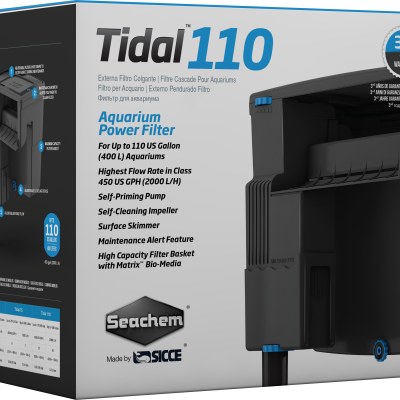 Embalagem do filtro externo para aquários Tidal 110 da Seachem preta e azul