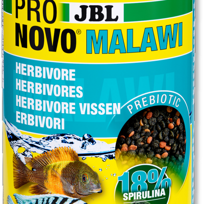 Embalagem amarela de comida para peixes JBL ProNovo Malawi Herbivore com textos e imagens de peixes