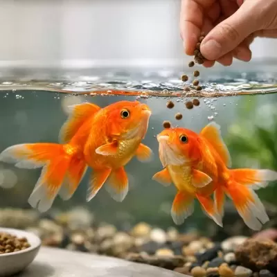 Dois peixes dourados num aquário a serem alimentados com pelotas