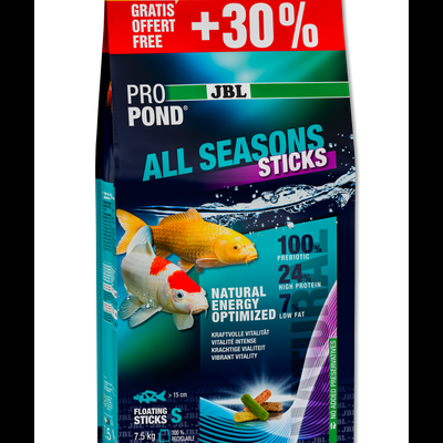 Saco de ração para peixes ProPond All Seasons Sticks colorido com peixes na embalagem