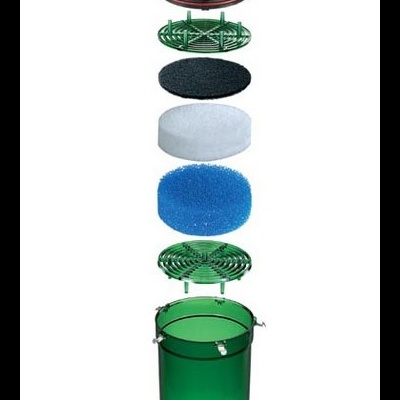 Filtro de aquário em camadas com tampas, esponjas coloridas e reservatório verde