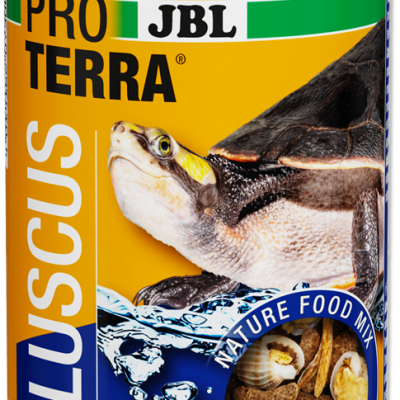 Embalagem amarela de alimento para tartarugas JBL Pro Terra Molluscus com imagem de tartaruga e moluscos