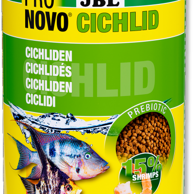 Embalagem amarela de ração para peixes ciclídeos com texto e imagem de peixes