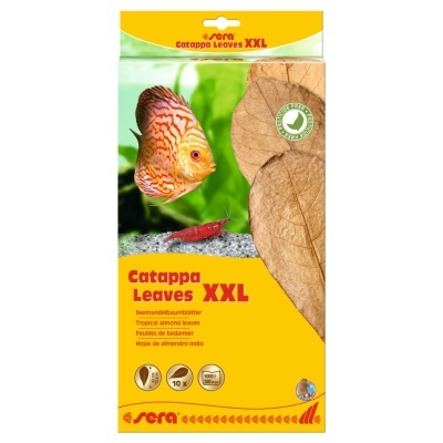 Embalagem de Catappa Leaves XXL com folhas secas e imagens de peixe e camarão