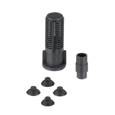 Filtro cilíndrico preto, adaptador e quatro ventosas pequenas pretas