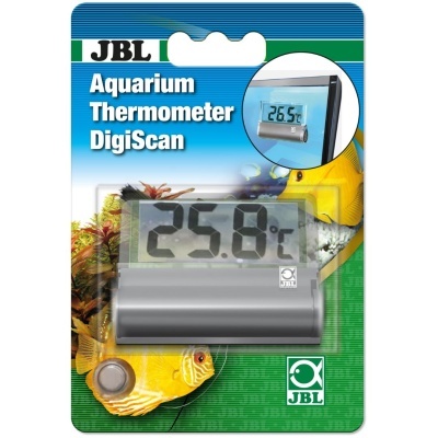 Termómetro digital para aquário JBL na embalagem com peixes amarelos e temperatura 25.8°C.