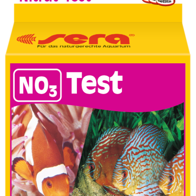 Embalagem do teste de nitrato para aquário da marca sera, cores amarelo e rosa, imagens de peixes tropicais.