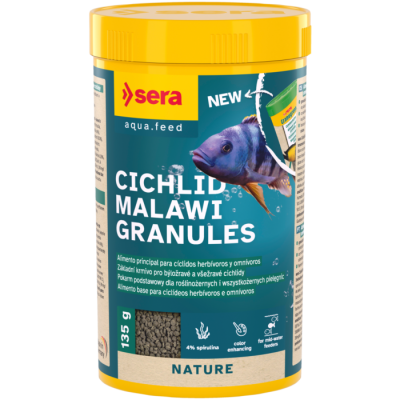 Recipiente amarelo de granulado para peixes cíclidos Malawi