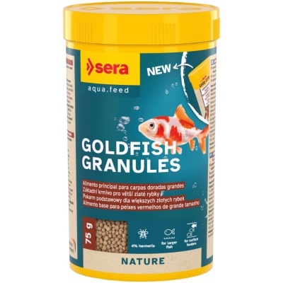 Embalagem de granulado para peixes dourados com imagem de peixe e texto em português.