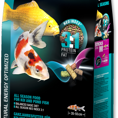 Embalagem de alimento para peixe JBL PRO POND ALL SEASONS com imagens de peixes koi e texto descritivo