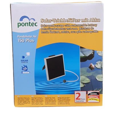 Embalagem do arejador solar para lagoa Pontec PondoSolar Air 150 Plus com texto em várias línguas