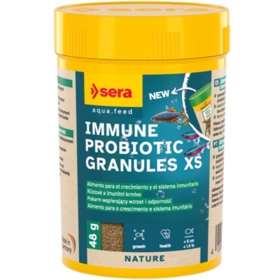 Embalagem de granulado para peixe da marca sera com rótulo azul e amarelo